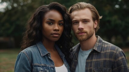 Obraz premium A Caucasian Man and African American Woman Posing for a Photo
