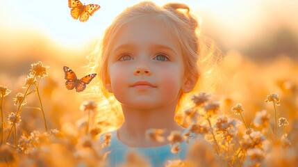 Fototapeta premium Cute little girl playing in a summer field, catches a butterfly.