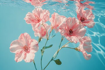 Soft pastel-colored flowers floating serenely underwater, capturing the delicate beauty of nature in a peaceful aquatic scene.