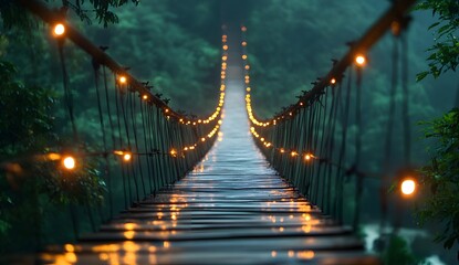 Fototapeta premium Blurred hanging wooden bridge over river in forest, with lights and ropes. Background for travel or outdoor adventure concept.