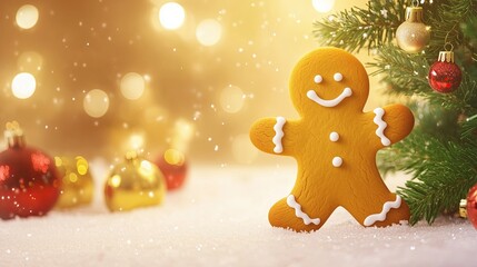 A gingerbread man cookie standing near a decorated Christmas tree with festive ornaments. The scene is set in a snowy holiday environment.