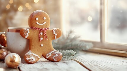 A gingerbread man cookie sitting next to a mug of hot chocolate, surrounded by Christmas decorations. The scene is cozy and festive.