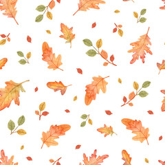 Autumn wallpapers design  with various golden leaves, herbarium. Watercolor seamless pattern for textile, wrapping paper