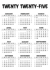 2025 Sunday Start Portrait Black and White Calendar. 2025 Sunday Start Vertical Black and White Calendar Template. Simple calendar for year 2025 isolated on white background. Vector illustration.