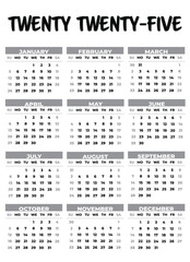 2025 Sunday Start Portrait Black and White Calendar. 2025 Sunday Start Vertical Black and White Calendar Template. Simple calendar for year 2025 isolated on white background. Vector illustration.