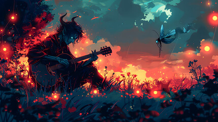 Fototapeta premium Digital illustration painting design style a man as devil playing guitar
