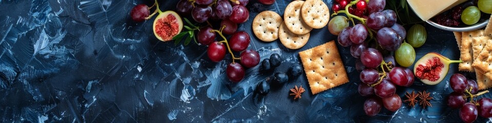 Fototapeta premium A spread of grapes, figs, crackers, and cheese on a dark blue surface.