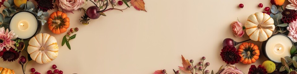 Fall-inspired arrangement with pumpkins, candles, and flowers on a beige background.