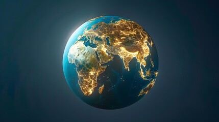 Fototapeta premium Earth's Golden Embrace: A breathtaking 3D render of our planet, illuminated by the warm glow of city lights against a deep blue cosmos. 