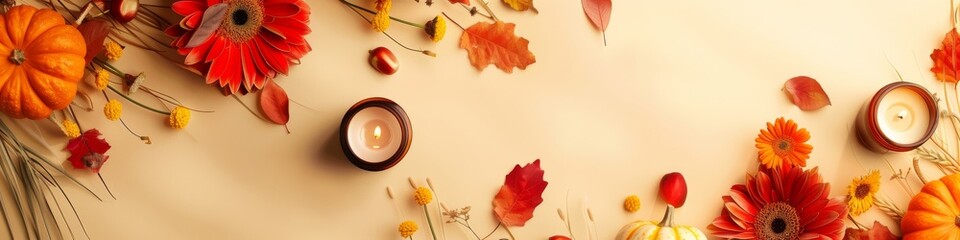 Obraz premium Autumnal flat lay with pumpkins, flowers, and candles.