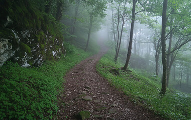 Obraz premium A mysterious and serene forest with fog and mist, creating a tranquil and eerie atmosphere, perfect for outdoor adventure and exploration.