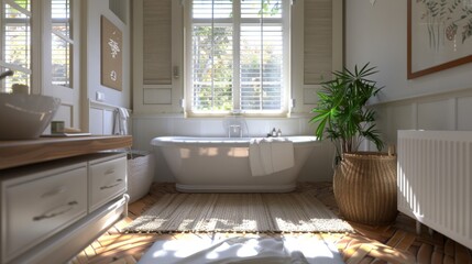 Fototapeta premium Bright and airy bathroom with a freestanding tub