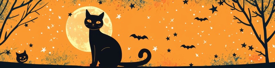 Black cat silhouetted against a full moon and starry sky, Halloween illustration.