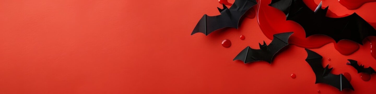 Black bats on a red background with fake blood splatters. Perfect for Halloween decorations.