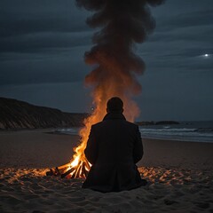 Solitude by the Fire Man in Heavy Coat on Deserted Beach at Night