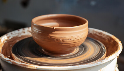 Wet clay pot on potter's wheel. Hand crafted art.