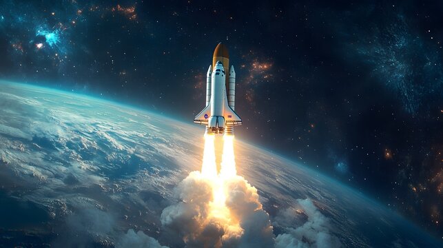 New space rocket lift off. Space shuttle with smoke and blast takes off into space on a background of blue planet earth with amazing sunset. Successful start of a space mission. Travel to Mars