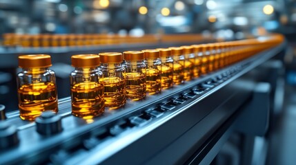 A conveyor belt with many bottles of liquid on it