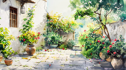 Beautiful watercolor of a courtyard garden, stone paths, flowering plants, bright midday sun ,Ultra-High Detail, Ultra-Realistic