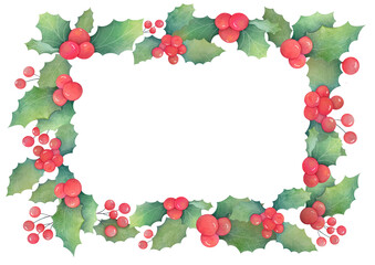 Christmas banner template with holly, mistletoe, green leaves, red berries. horizontal new year winter border frame with transparent copy space background