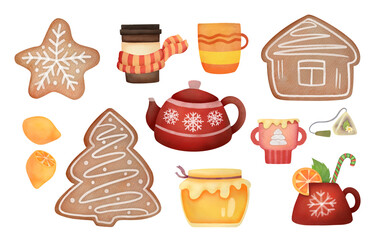 watercolor Christmas set with hot drinks and gingerbread figures isolated on transparent background. Holiday cookie, teapot, cups and mugs collection. symbol of winter holidays