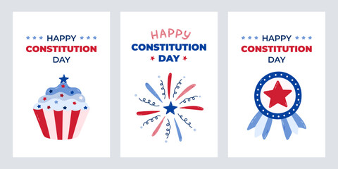 Cute set of greeting cards for Happy Constitution Day of USA with cartoon illustration of medal, firework, cupcake. Funny concept for poster, banner to celebrate holiday at 17th of September.