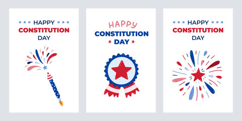 Set of minimalistic cards for Happy Constitution Day of USA with cartoon illustration of firework, medal in US colors. Cute concept for poster, banner to celebrate holiday at 17th of September.