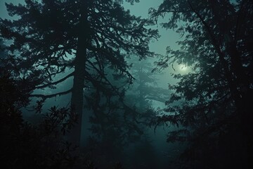 Fototapeta premium Dark night in the forest with tall trees casting eerie shadows, fog rolling in from the horizon, and faint light glowing on the trunks, creating an atmosphere of mystery and horror for spooky visuals