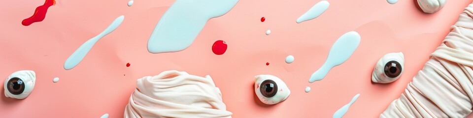 Abstract pink background with white and red splatters, and toy eyes.
