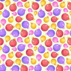 watercolor winter seamless pattern with Christmas balls on light yellow background. Cute simple endless New Year print design for packaging paper, fabrics, wrapping gifts, stickers, ribbons