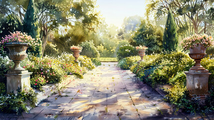 Obraz premium Beautiful watercolor of a French formal garden, symmetrical flowerbeds, stone pathways, decorative urns, warm sunlight