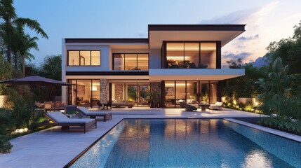 Fototapeta premium Luxurious Modern Two-Story Home with Pool and Garden