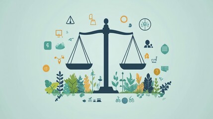 Illustration of a balance scale surrounded by symbols representing environmental and societal factors, emphasizing the importance of equilibrium between nature and society.