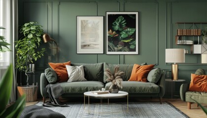 Vintage-inspired living room featuring a framed poster mockup, highlighting cozy decor and home