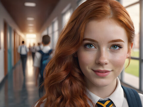 Portrait of a beautiful red-haired schoolgirl in a school corridor. - Powered by Adobe