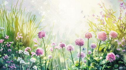 Beautiful watercolor of a herb garden, blooming chives, dill, parsley, bright midday sun