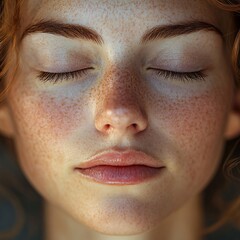 Fototapeta premium Close-up portrait of a serene woman with freckles and closed eyes, capturing a peaceful and introspective moment of calm and relaxation.