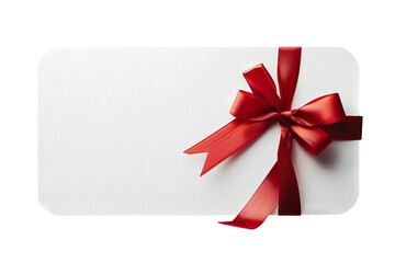 A blank white gift card with a red ribbon bow on transparent background