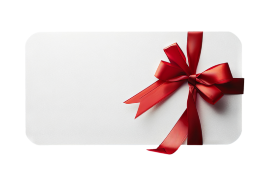 A blank white gift card with a red ribbon bow on transparent background