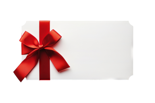 A blank white gift card with a red ribbon bow or an empty gift signboard on transparent background