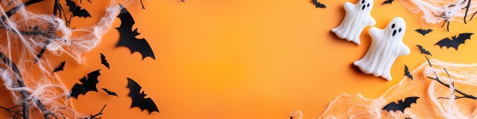 Spooky Halloween decor with ghosts and bats on an orange background.