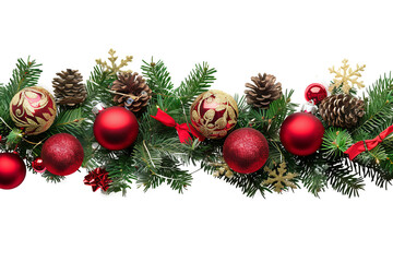 Red and gold Christmas baubles with pine cones on green garland on transparent background