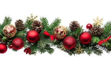 Red and gold Christmas baubles with pine cones on green garland on transparent background