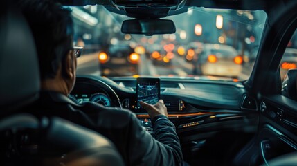 A person sitting in a vehicle, focused on their mobile device