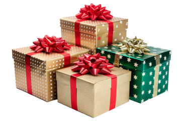 Christmas gift boxes with star pattern wrapping on transparent background