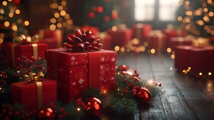 Merry Christmas 3D design with a rich red color palette, filled with festive gifts, sparkling decorations, and glowing lights, perfect for the holiday season.