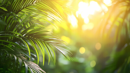 Obraz premium Holiday Haven: Bright Sunlight and Lush Palm Garden Background