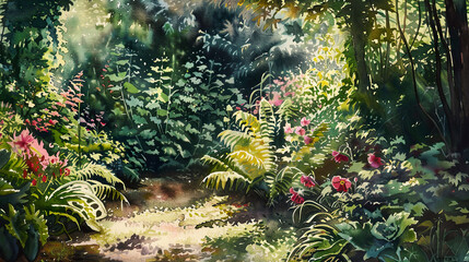 Beautiful watercolor of a shade garden, hellebores, ferns, bright midday sun ,Ultra-High Detail, Ultra-Realistic