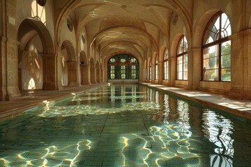 Exquisite indoor swimming pool in a grand historic building, with majestic arched windows sunlight