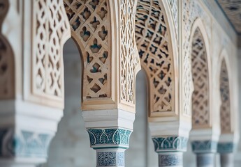 Close-up of intricate Islamic geometric patterns on the walls and arches, showcasing their beauty in a mosque interior. 